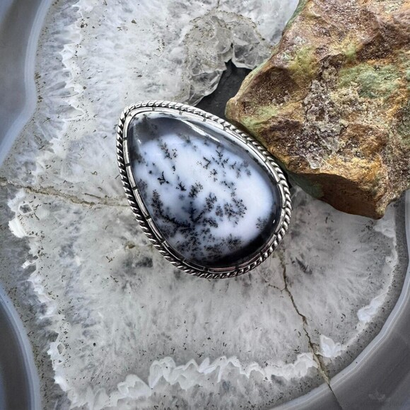 Sterling Southwestern Style Large Teardrop Dendrite Agate Ring Size 10 For Women - Picture 2 of 10